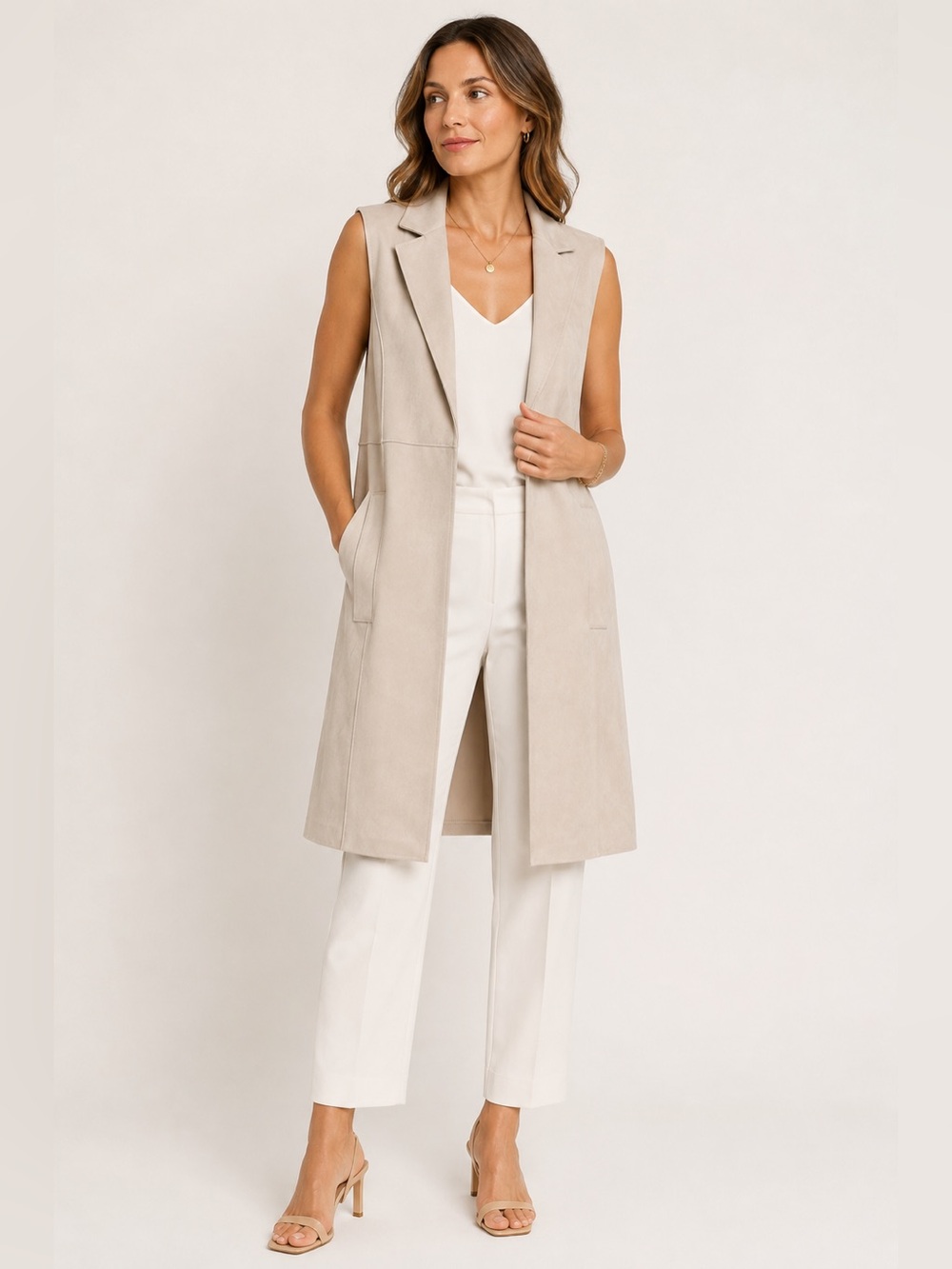 NWT Joan Vass New York Faux Suede Long Vest Duster Light Stone XL Minimalist